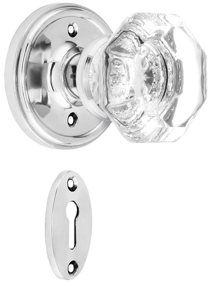Classic Rosette Mortise Lock Set With Waldorf Crystal Knobs in Polished Chrome.